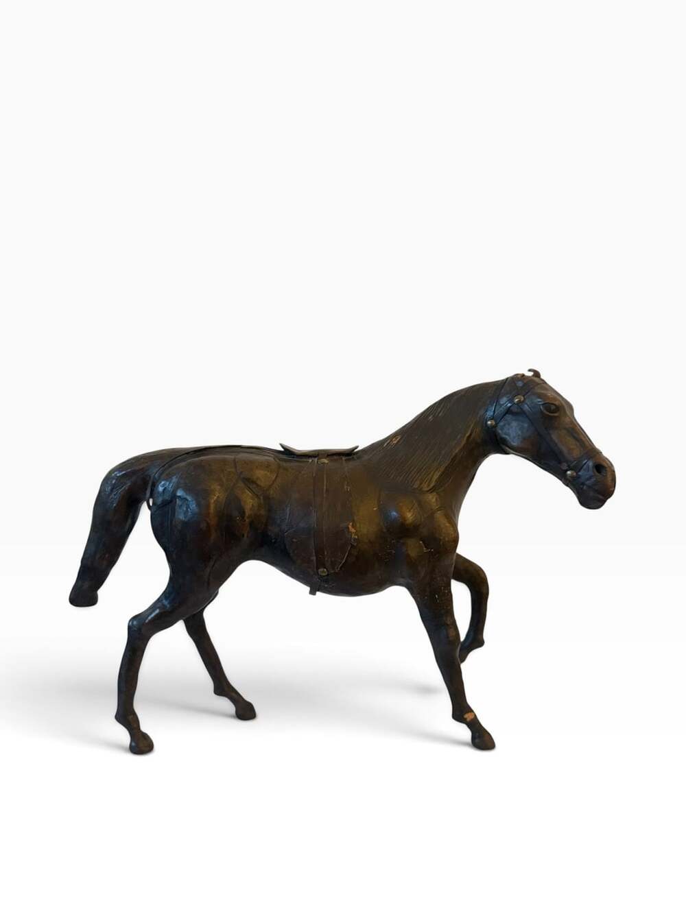 Vintage Handcrafted Wrapped Leather Horse Sculpture with Saddle and Reins 15x10